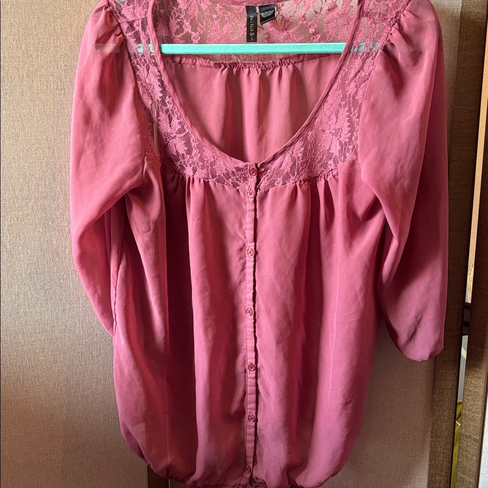 Full Tilt Rose Button-Up Blouse with Lace large
